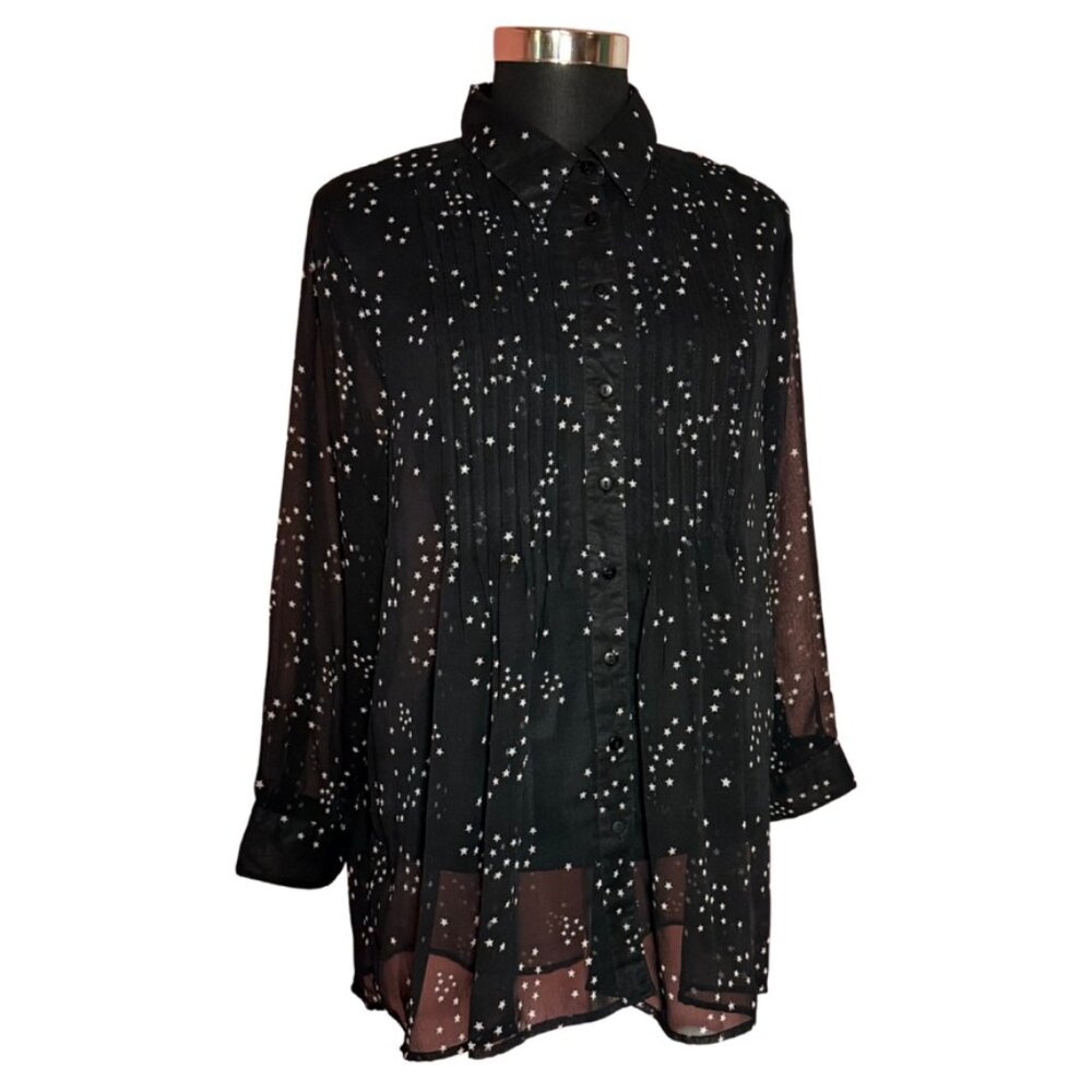 Chelsea & Theodore Semi-Sheer Whimsical Button Down Blouse Star Print Women's M